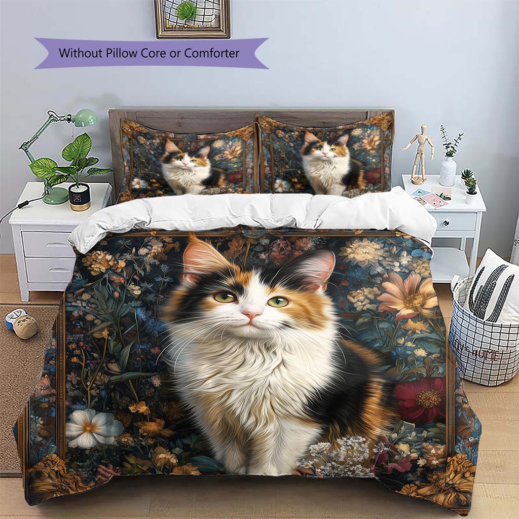 Calico Cat and Fresh Flowers Pattern Bedding Home Decoration Birthday Gift (1 * Duvet Cover + 2 * Pillowcase, Without Core)