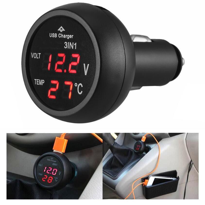Universal 3-in-1 Car Voltmeter with USB Charger LED Digital Voltmeter Gauge Thermometer 12V/24V Cigarette Lighter Socket