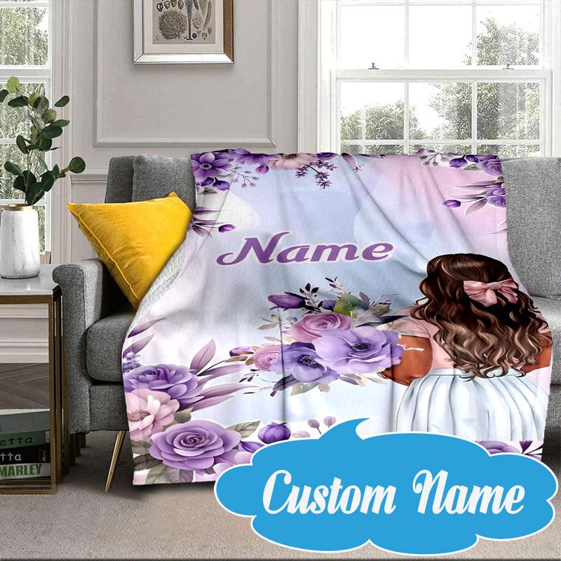 Custom Name Floral Princess Blanket bed sofa Blanket Flannel Blanket for Camping, Hiking, Picnic Essentials,gift for Fan family