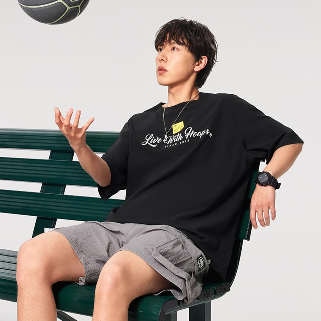 Li Ning Badfive Letter Rundhals Atmungsaktiv Vielseitig Locker Kurzarm T-Shirt Herren Tops Schwarz AAFV005-1