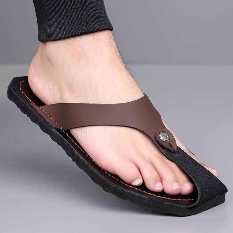 Herren Schwarz Leder Pantoffeln Einfache Flache Sommer Weiße Flip-Flops Outdoor Sandalen Braun Offene Zehen Strand Schuhe Übergröße
