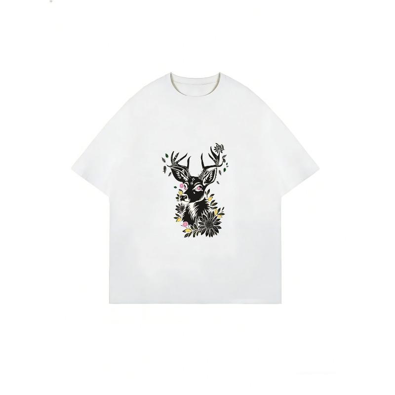 White T Shirt With Deer And Floral Print For Casual Wear