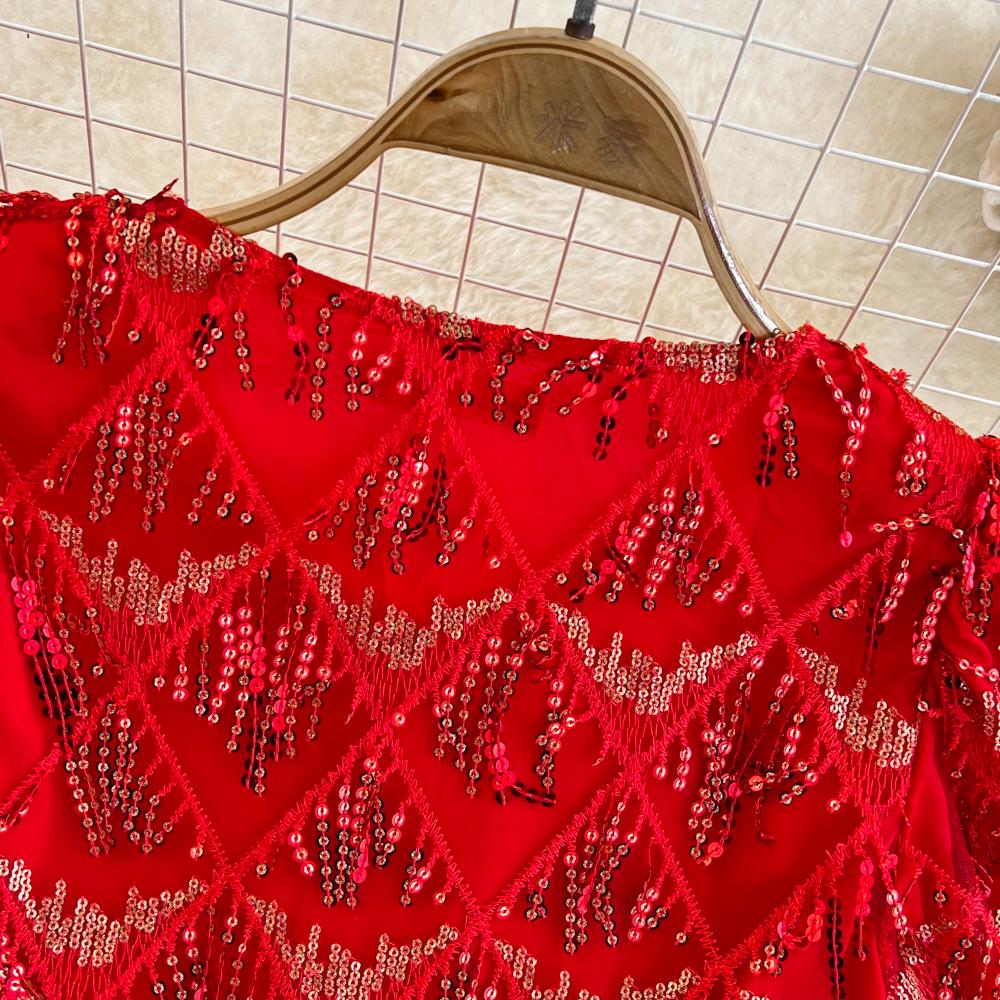 Elegant Summer A-line Sequin Tassel Dress - Short Sleeve, Round Neck, Loose Fit