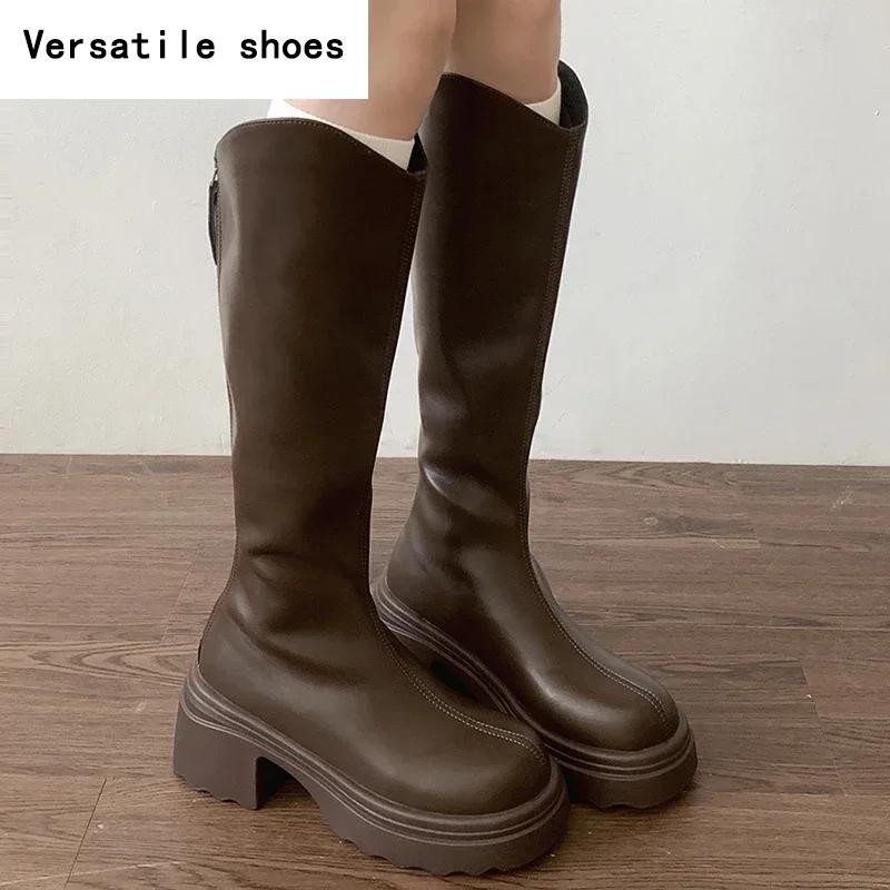 Vintage Women Knee High Boots Fashion Back Zippers Shoes Square High Heel Autumn Winter Ladies Knight Long Booties