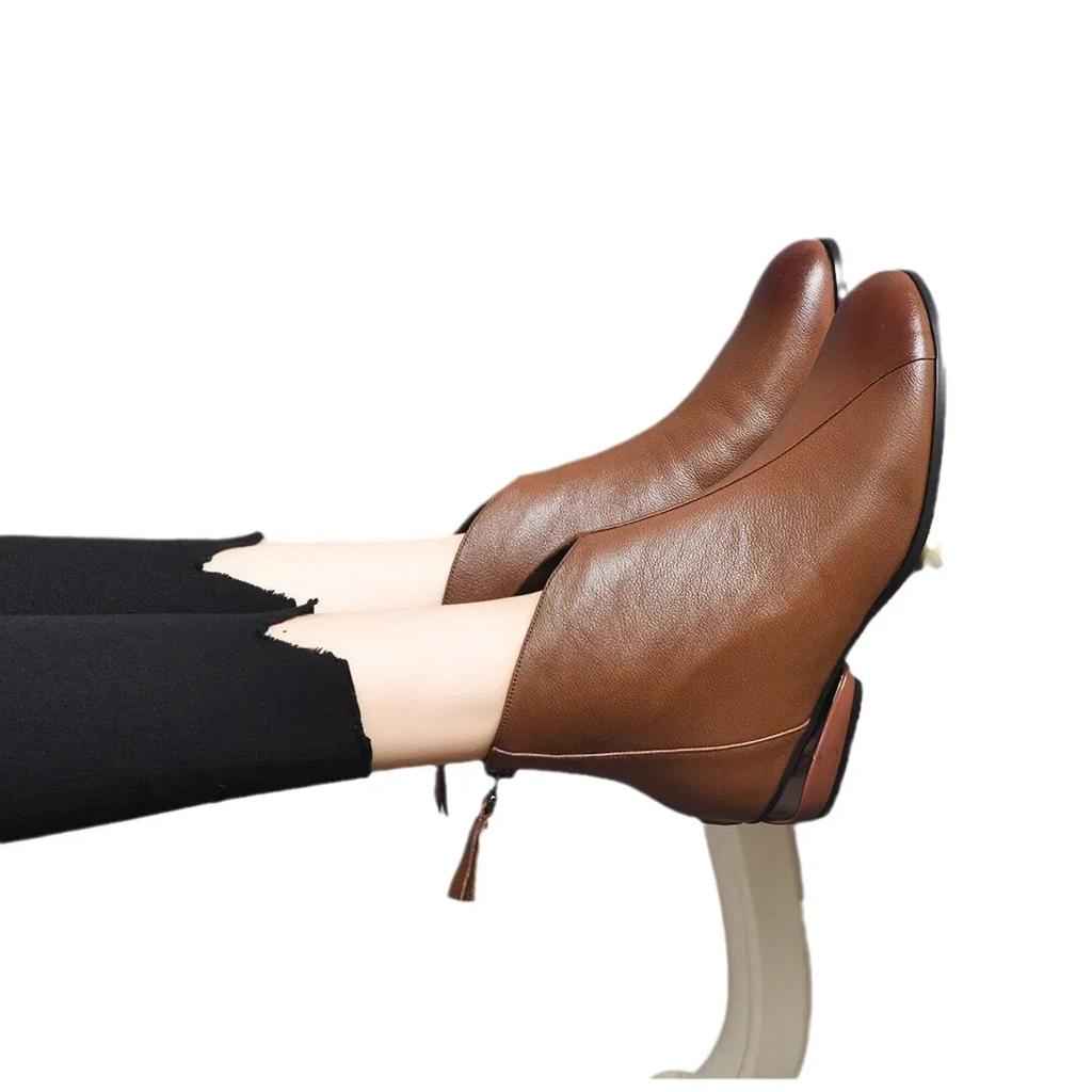 Botas de cuero marrón vintage de invierno a la moda, botines de cuña para mujer, zapatos retro con nudo de mariposa a la moda, botas de plataforma con cremallera para mujer