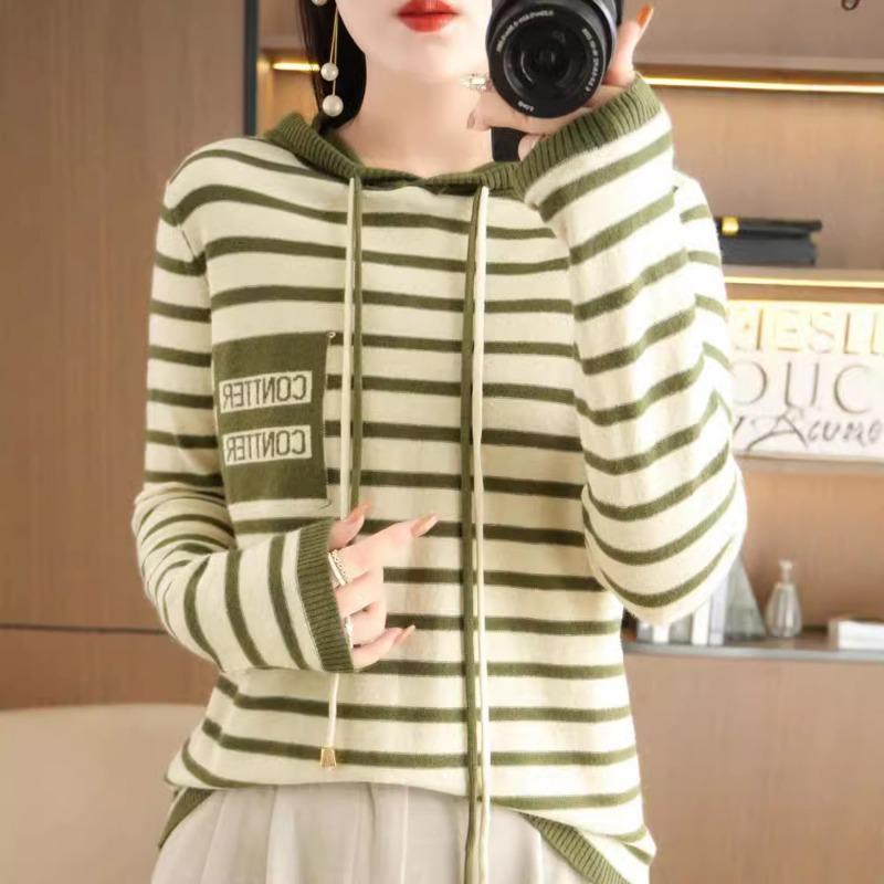 Hooded Striped Knitted Sweater Women's Autumn and Winter New Loose Casual Color Matching Sweater Wearing Striped Sweater