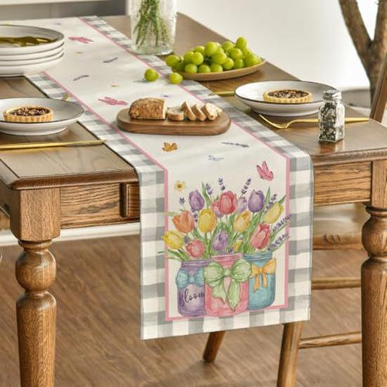 Jarní květinový běhoun s kvetoucími květinami, stolní prádlo, tulipán, pratelný ubrus pro domácí, farmářské, večeře, dekorace