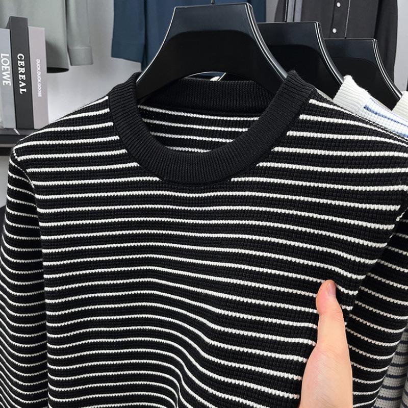 

Men s 2025 Winter Color-block Striped Round-Neck Knit Pullover Base Layer Shirt 2XL чорний