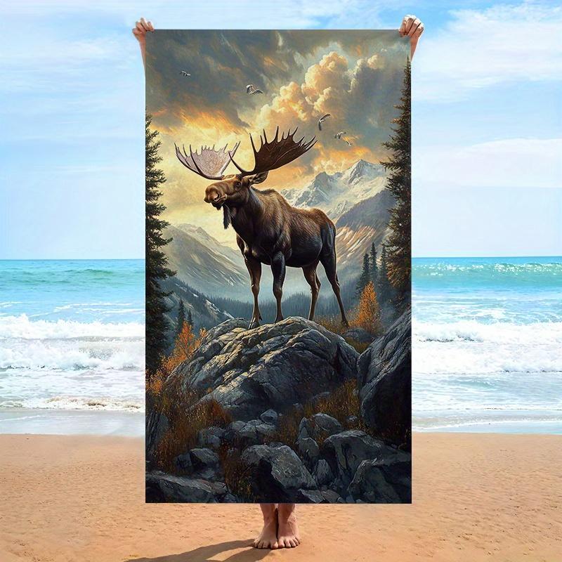 1 Stück Elch Berg Strandtuch Tierwelt Landschaft Druck Natur Design Schnelltrocknend Weich Mikrofaser Badetuch Für Männer Outdoor-Liebhaber