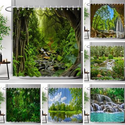 Outdoor Scenic Forest Shower Curtain With Hooks Green Plant Tree Waterfall Landscape Waterproof Shower Curtains Bathroom Decor