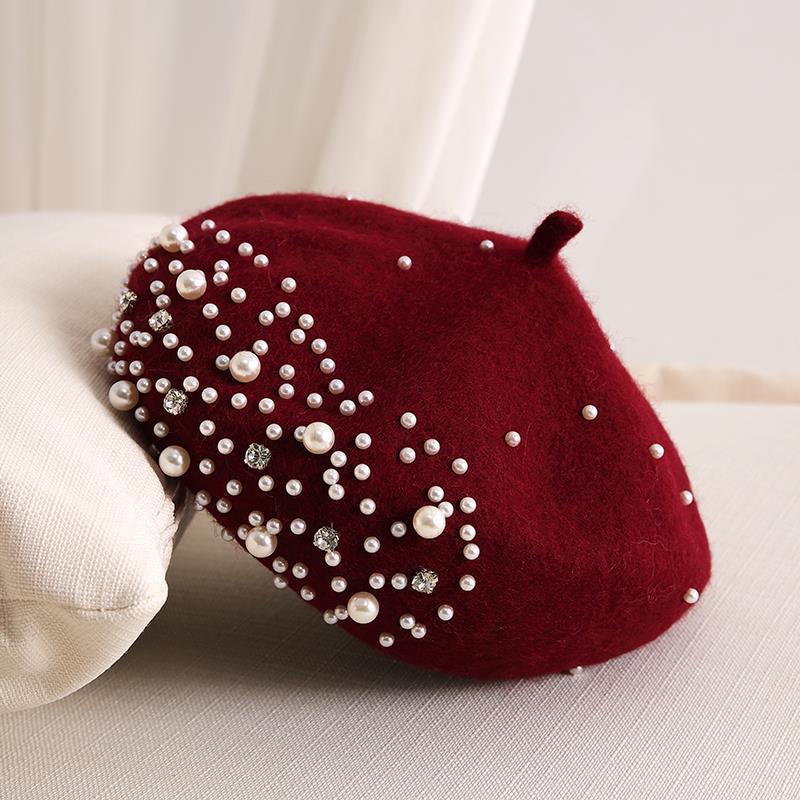 

Simulation Pearl Beret Hat for Women Cashmere Winter Retro French Winter Black Red French Artist Flat Fashion Solid Color Lady Vintage Cap вина червоного кольору