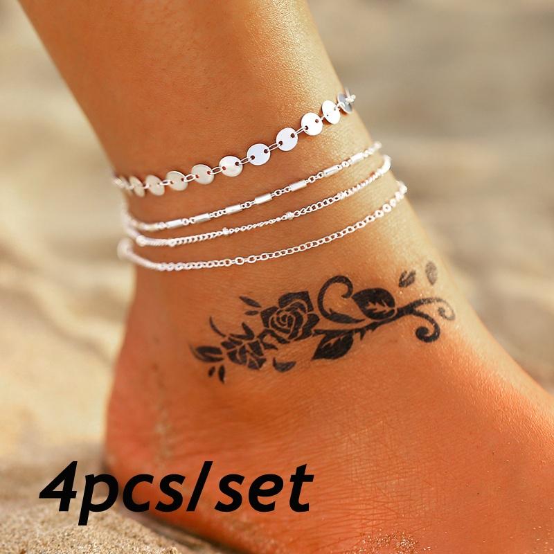 5Pcs/set Exquisite Silver Ankle Bracelet Multilayer Beaded Anklet Set Ankle Chain Women Foot