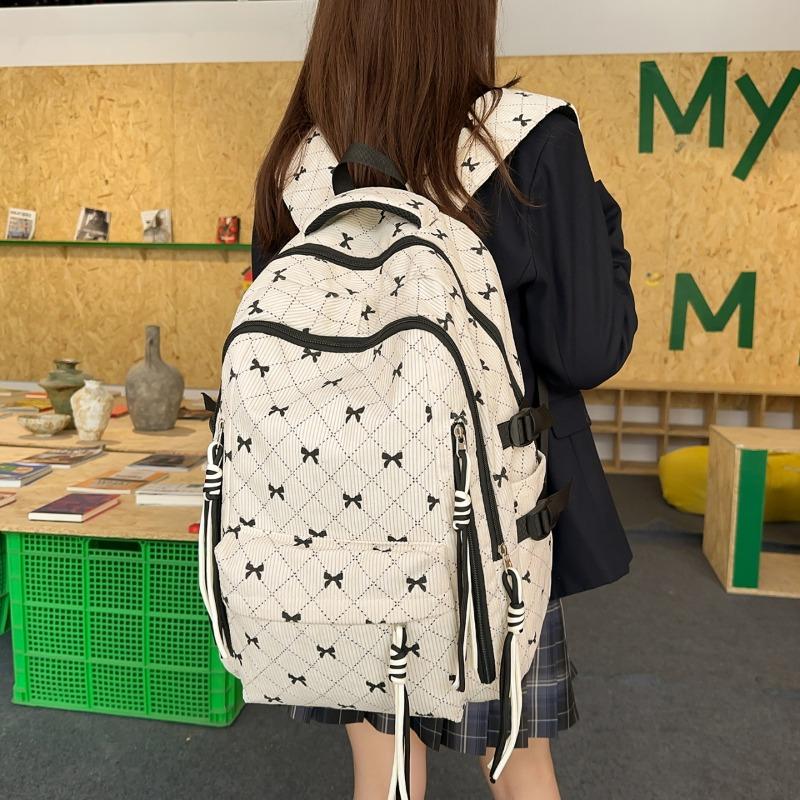 Bow Print Corduroy Backpack Casual Fashion Daily Bag Large Capacity School Bag for Students Minimalist Design Commute Travel with Tassel Accents