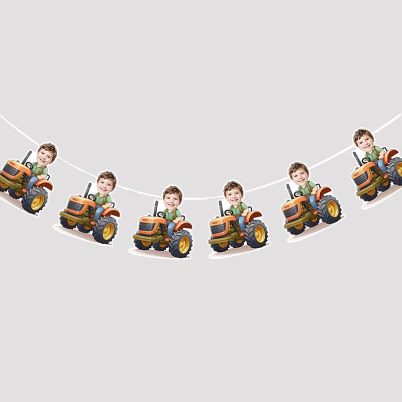 6Pcs/12pcs Birthday Customizable Portrait Digger Tractor Hard hat Pattern Banner Children Birthday Parties Cute Banner Decor