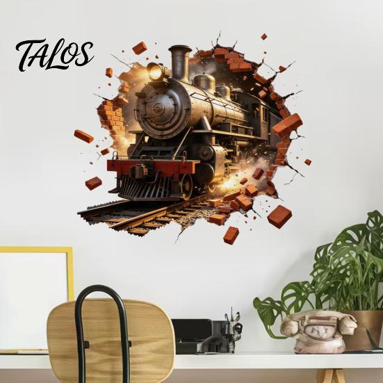 Wall Renovation Stickers for Renters 3D Retro Train Sticker, Break Through Decal, Peel and Stick Art Durable Scratch Resistant Cover Mural Kids