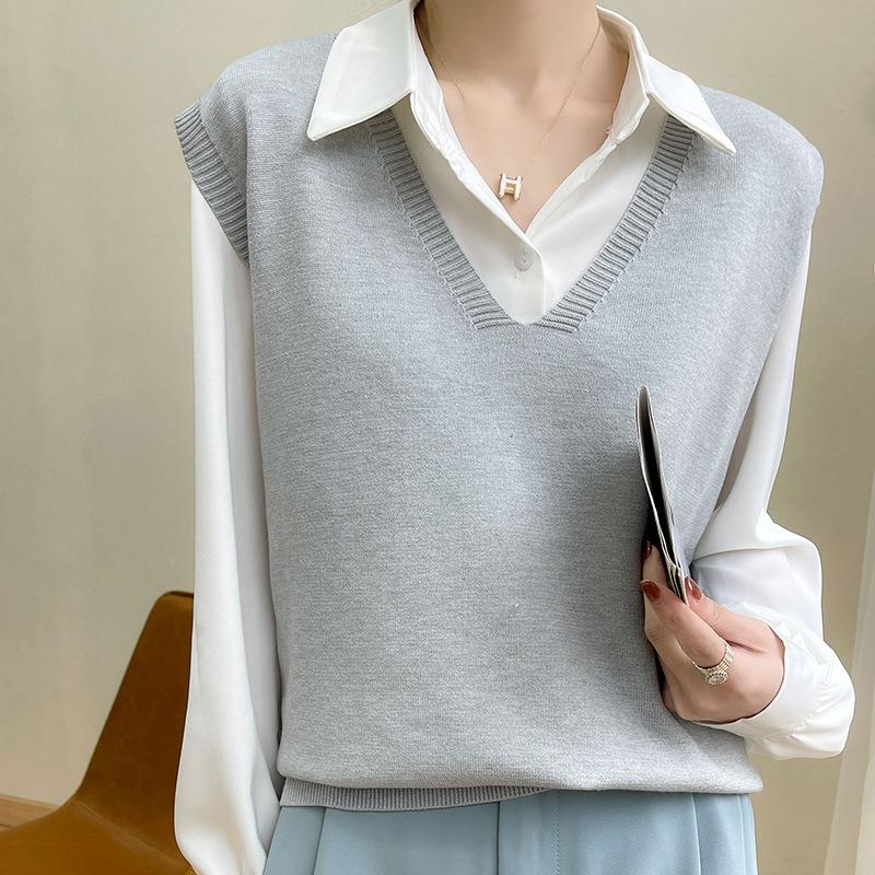 

VEZFAA Женская мода Повседневный Осень Зима Однотонный Принт Без Рукавов Свитера С V-образным Вырезом XXL серый