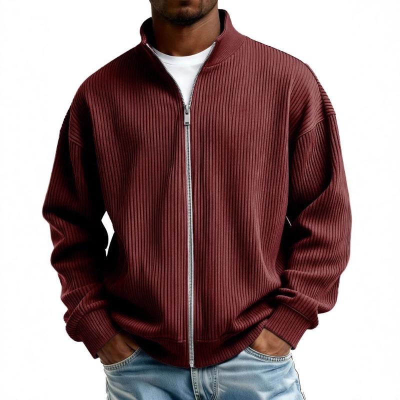Mens Full Zip Stand Collar Ribbed Sweatshirt Casual Jacket
