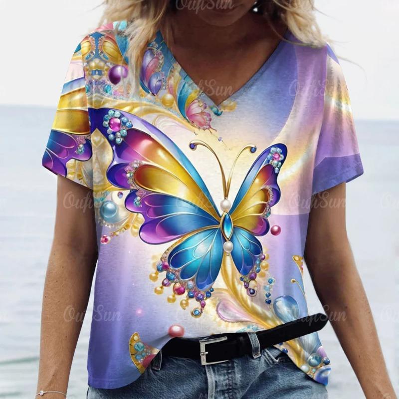 Women's V-Neck Print Beautiful Butterfly Pattern Oversized Women's Blouse Y2K Fashion Women's Breathable T-Shirt