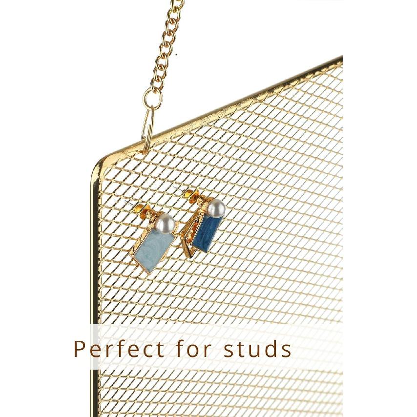 Heesch 2 Pack Earring Holder Wall Mounted Hanging Jewelry Organizer Display Decorative Metal Diamond Shape with Hooks for Necklaces Bracelets (Gold)