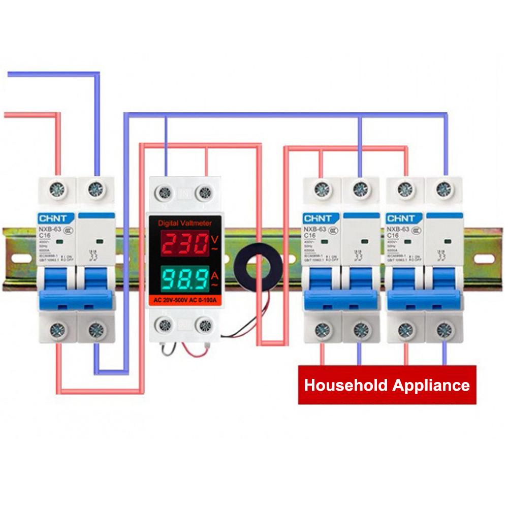 Din Rail Voltmeter Ammeter 2 in 1 AC Monitor Single Phase Voltage Current Power Meter AC20-500V AC0-100A VOLT AMP Detector