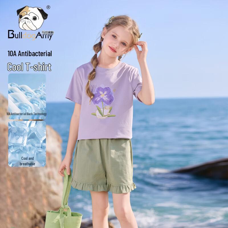 CHANZUIGOU Girls  Misty Purple Antibacterial Cooling Kitten Print T-Shirt 160 cm