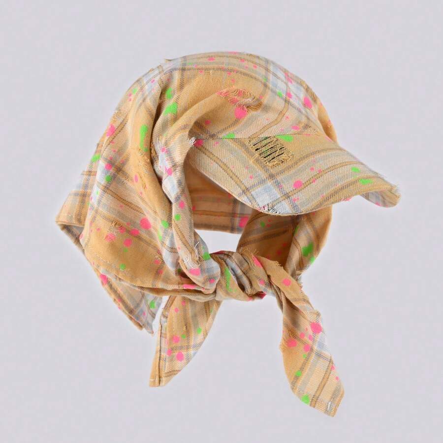 Vintage Plaid Distressed Graffiti Duckbill Cap With Headscarf For Women Sun Protection Outdoor