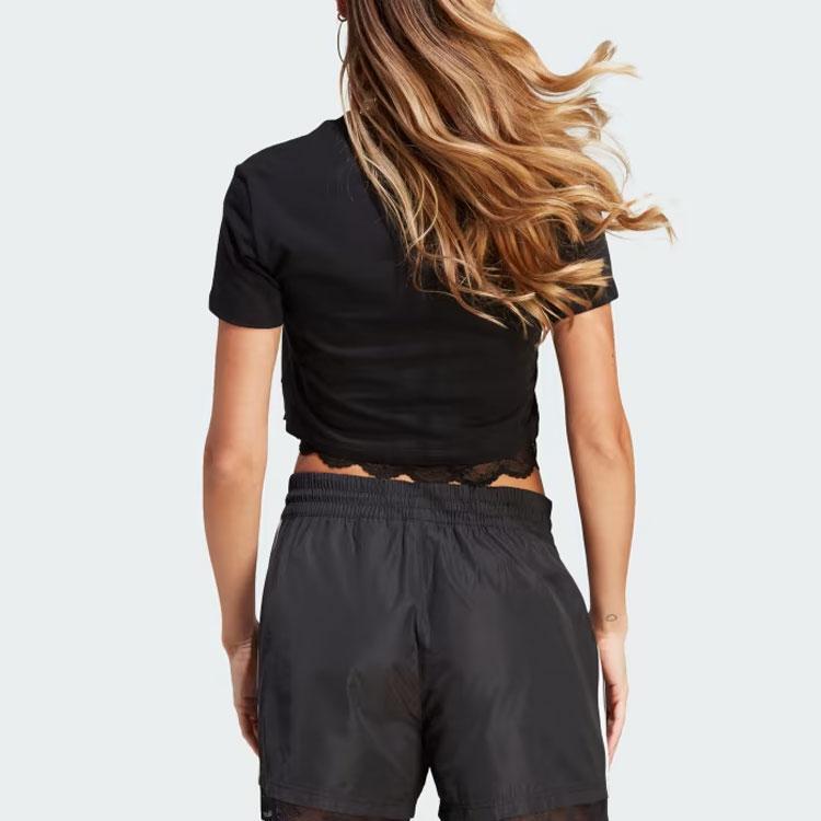 Adidas Originals Trefoil Cropped Lace Trim Tee With Letter Logo Embroidery And V-Neck Women Tops Black IL2417