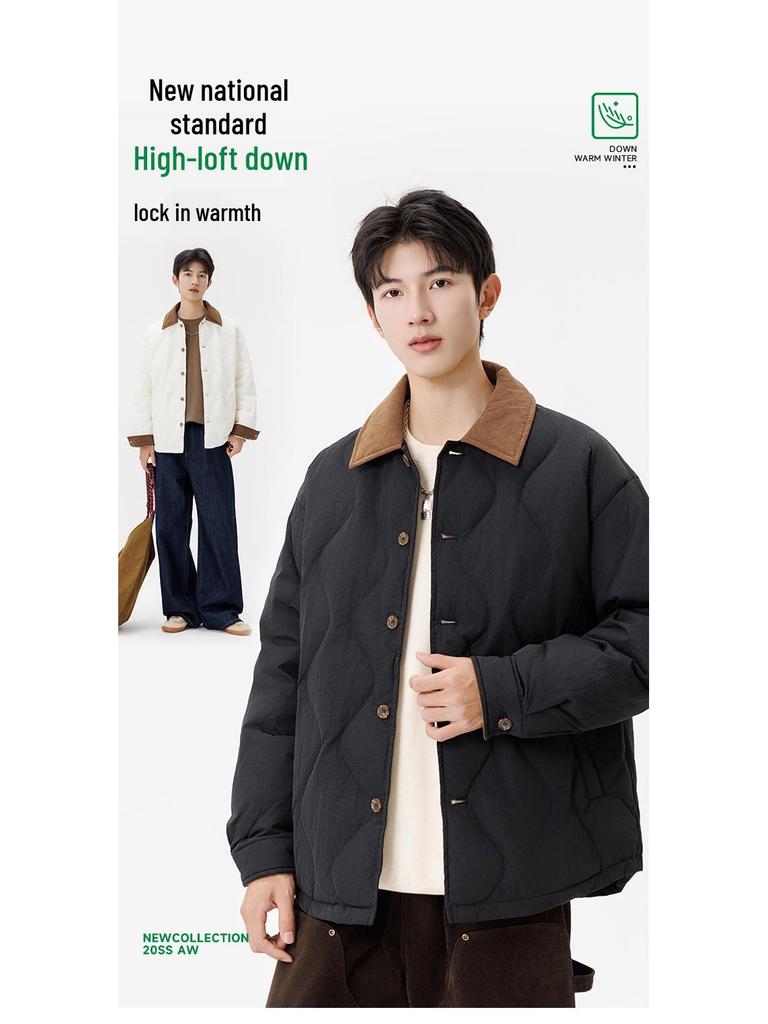 Men's Trendy American Retro Wave Pattern Duck Down Jacket - Lightweight, Warm Workwear Outerwear