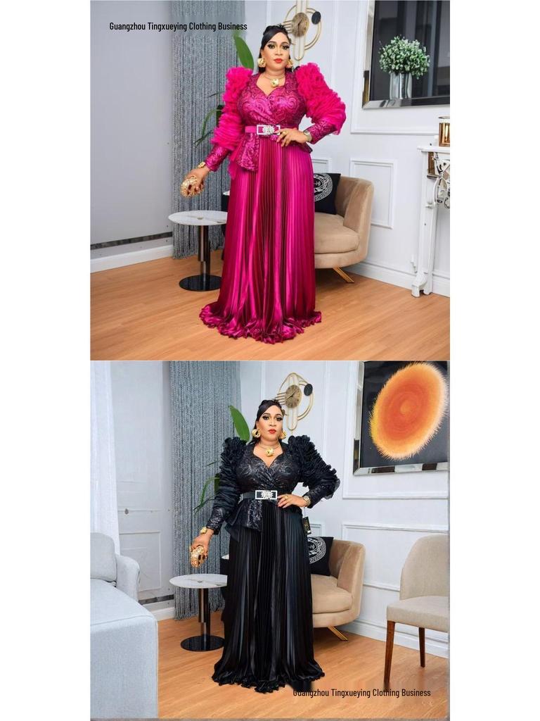 Plus Size High-Waisted Evening Gown with Rhinestones, Beads, and Sequins - New African Style