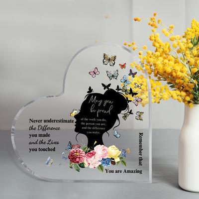 Inspirational Heart-Shaped Acrylic Wall Art Plaque with Butterfly & Floral Design - 'Never Underestimate the Difference You Made' Motivational Quote
