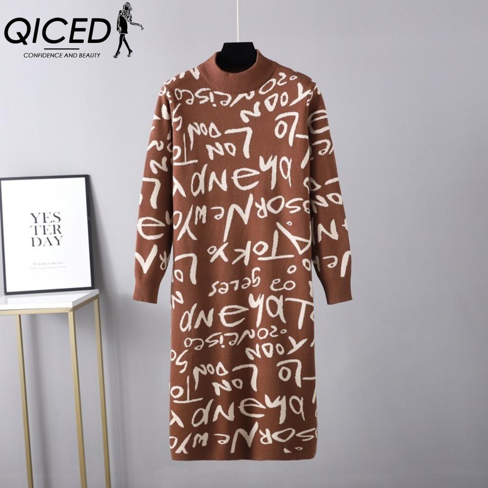 

QICED Autumn Winter Women Vintage Knitted Turtleneck Long Sleeve Pullover Graffiti Lettering Sweater Dress One size хаки