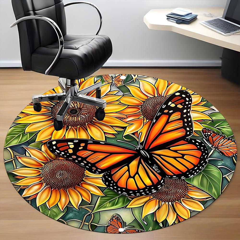 1PC Butterfly Sunflower Office Round Area Rug, Indoor Mat Suitable For Office, Under Office Chairs Bedroom Living Room Home Decor, Room DecoT1223060