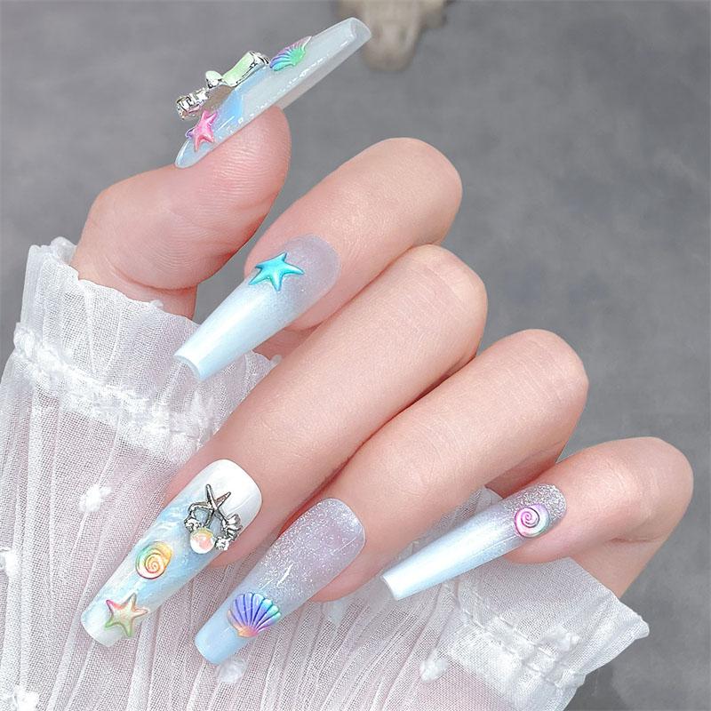 1 Sheet Ocean Shell Jellyfish Nail Stickers Colorful Shell Conch Seastar Adhesive Nail Decal Mermaid Aurora Beach Shell Slider