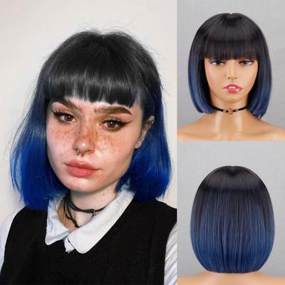 Peluca corta recta con corte Bob con flequillo, peluca Bob de fibra sintética azul y negro para mujer, fiesta diaria de Cosplay