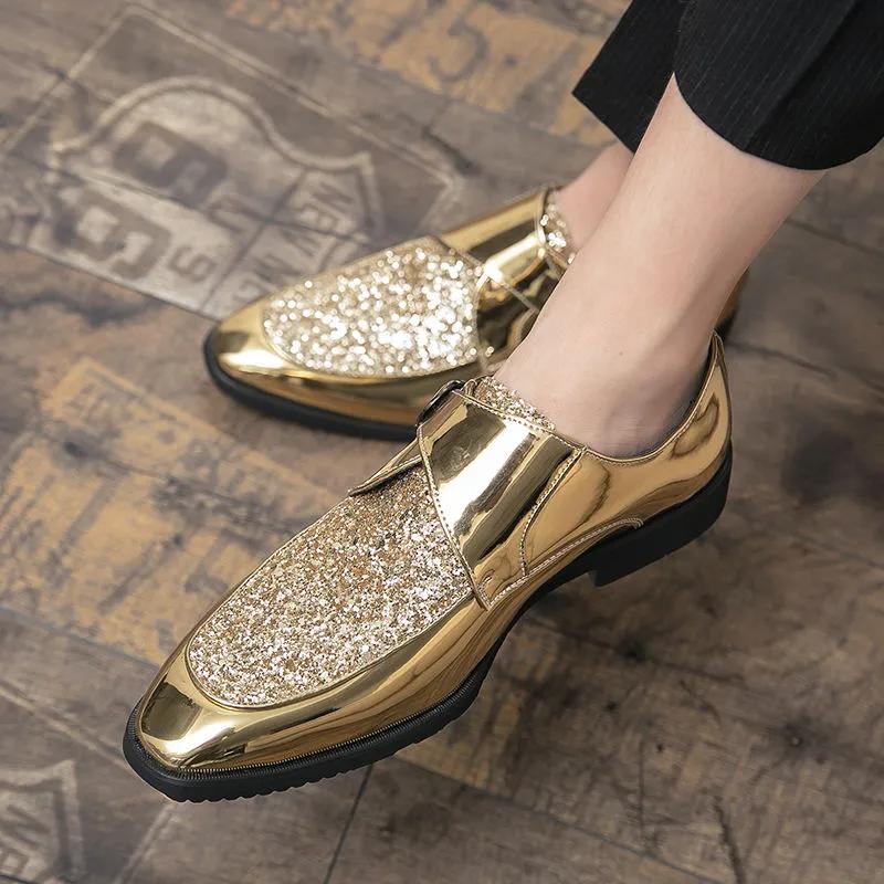 Fashion Shoes Men Casual Man Men's Summer Shine Gold Dress Patent Leather For Mens Gold Moccasins Business Pointed Bussiness Luxury
