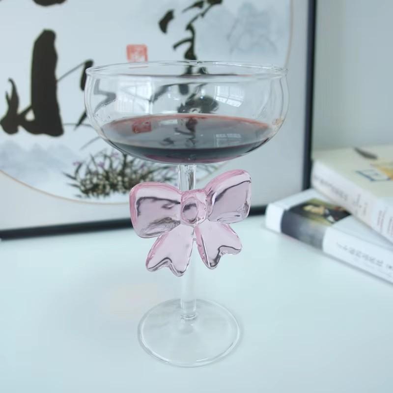 Pink Bow Glass Mug Decor Glass Cup Goblet Bow Handle Glasses Wine Cocktail Glass Dessert Ice Cream Bowl Drinking Glass