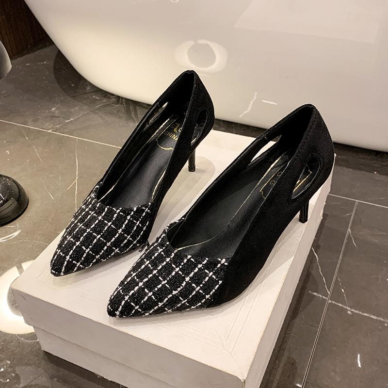 Fashion Women's Fashion Thin Heel Shoes Pointed Shallow Mouth Suede Splicing Anti-slip Wear-resistant High Heels