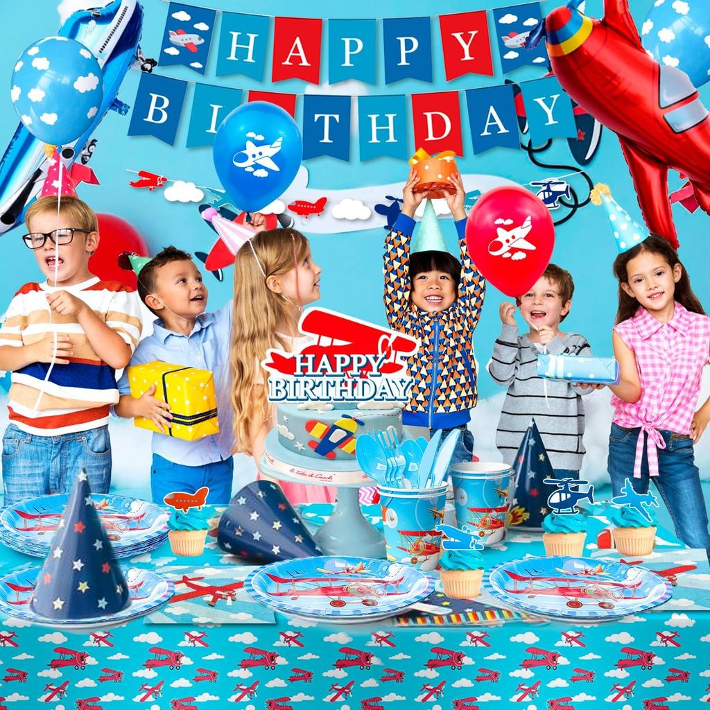 Airplane Birthday Party Decorations,167pcs Airplane Party Decorations Airplane Party Tableware Set Airplane Plates Napkins Cups Table Cloth Balloons