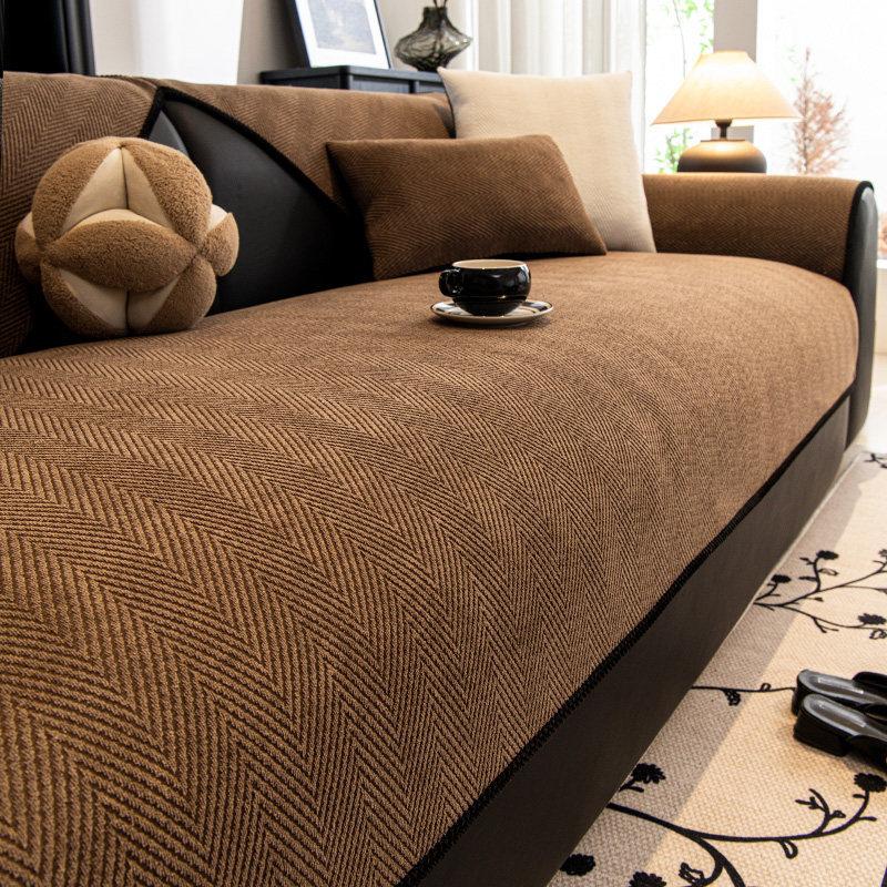 Chenille Sofa Cover Green Solid Color New All-Season Premium Minimalist Non-Slip Fixed Cushion Specialized Leather Sofa Cover