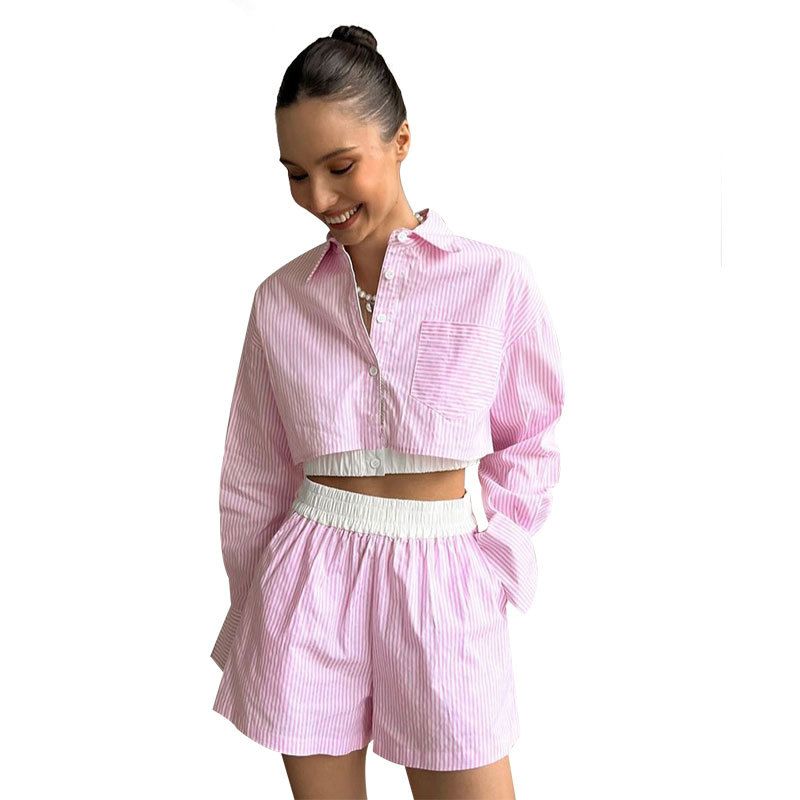European and American Stripe Shirts Long sleeve Women two-piece Fashion Casual Elastic Waist Shorts Set Summer