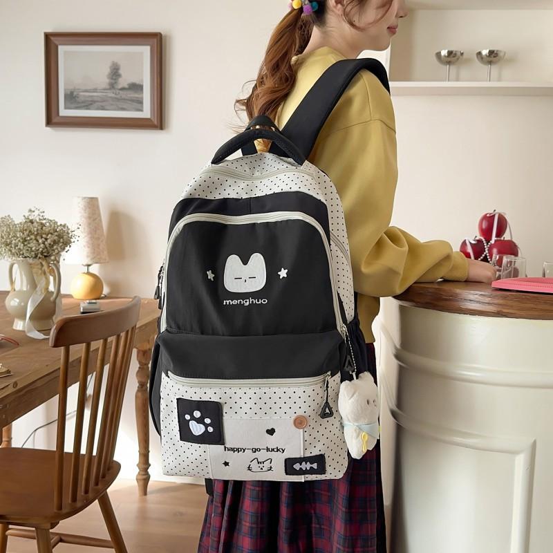 Cute Cat Student Backpack Female Japanese Small Fresh Embroidery Wave Dot Elementary School Schoolbag Travel