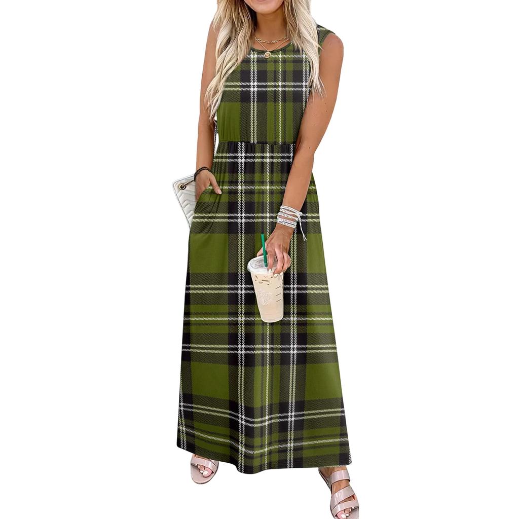 Ladies' Plaid Printed Casual and Fashionable Waist Cinched Sleeveless Dress