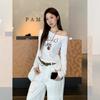 White Slanted Shoulder Letter Printing Design Long-sleeved T-shirt Women's Early Autumn New Slim and Thin Off-the-shoulder Top