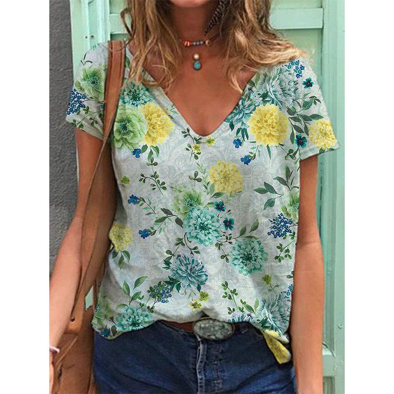 

Женская летняя футболка Голубые футболки с короткими рукавами и принтом пиона Повседневные топы с принтом