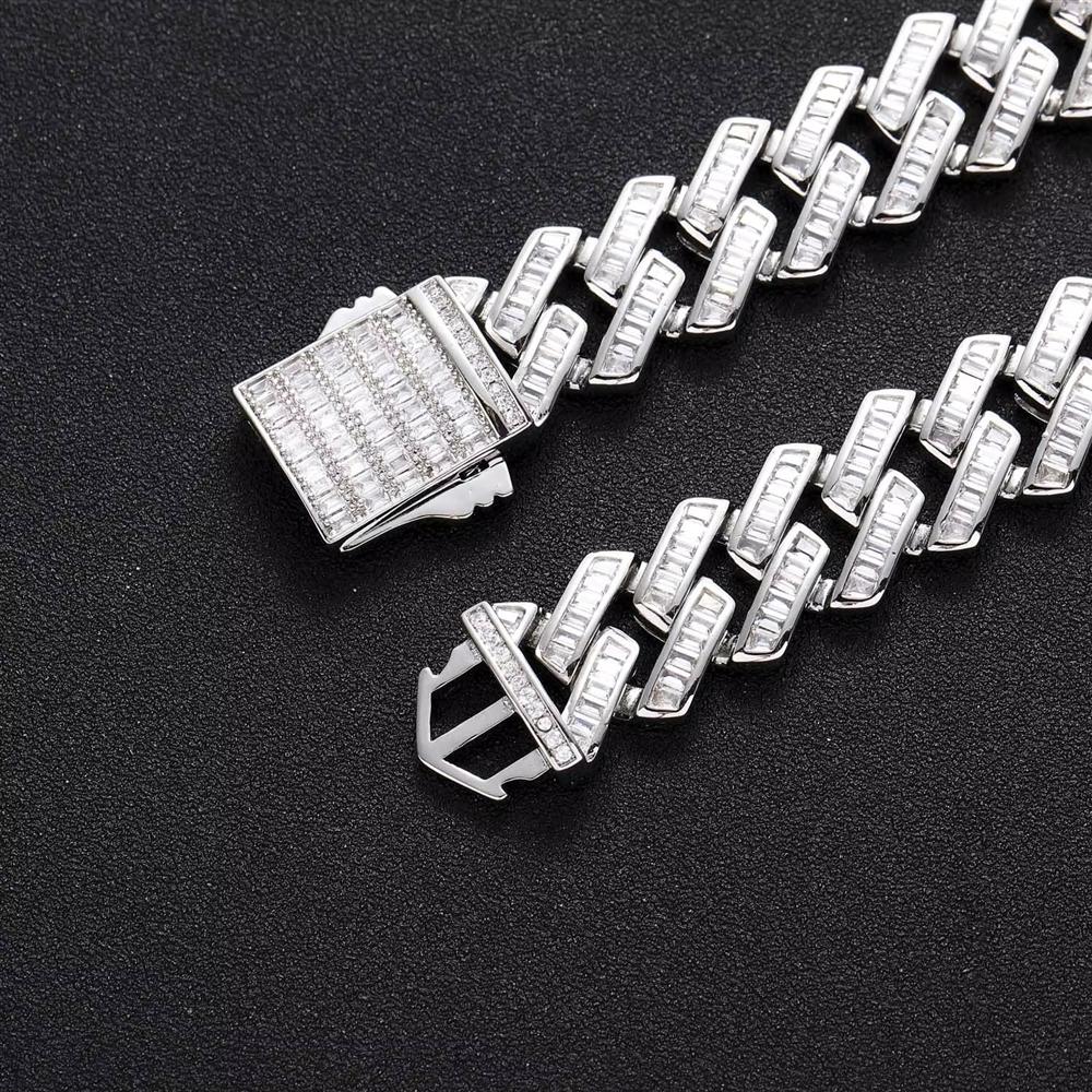 Hip Hop Jewelry 16mm Wide Iced Out Baguette Zircon Rhombus Prong Cuban Link Chain Bracelet for Men