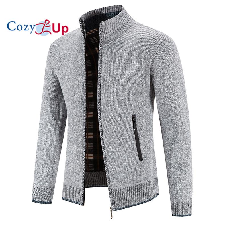 Cozy up Herren Strickjacke mit kleinem Stehkragen und dickem Samt