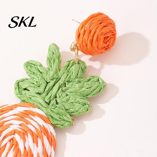 Three-dimensional Pineapple Earrings 1 Pair Handmade Raffia for Women, Boho Straw Hand-Woven Summer Beach Skirt Jewelry Dangle Earrings, Natural