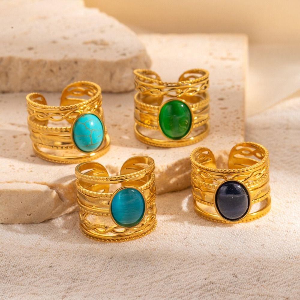 Stainless Steel Geometric Hollow Ring Hollow Pattern Colored Stone Ring Open Ring For Women