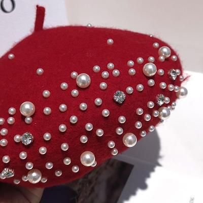 Cappello berretto di perle da donna in cashmere invernale retrò francese invernale nero rosso francese artista piatto moda tinta unita signora vintage