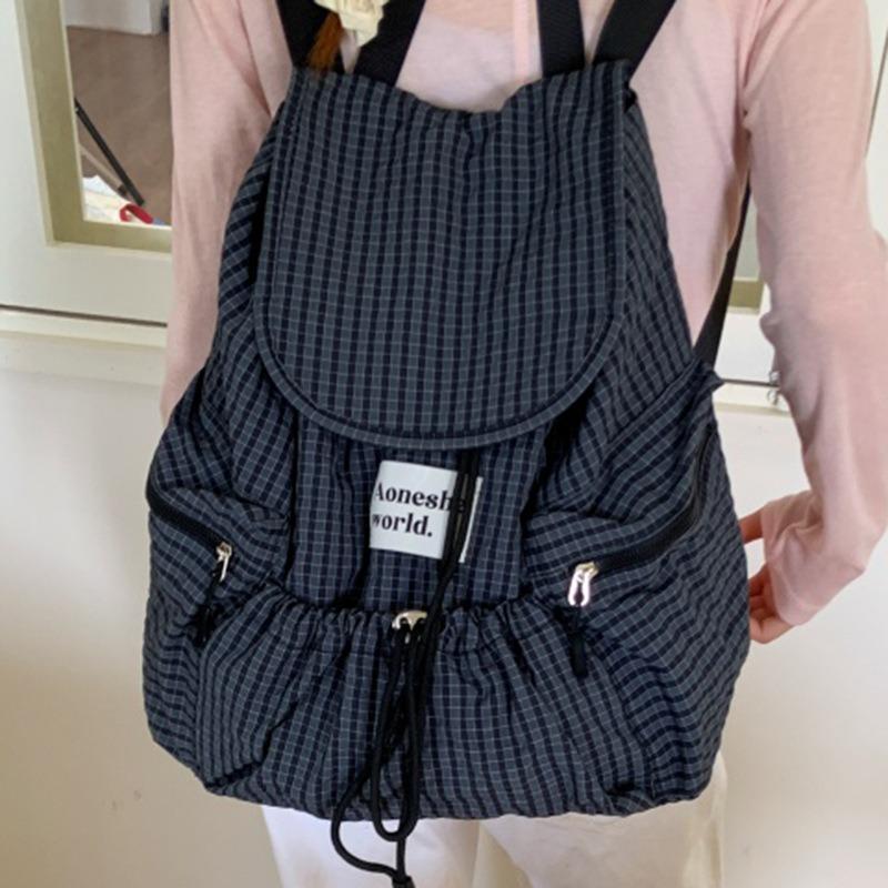 Lightweight Nylon Plaid Backpack, New Large-capacity Lazy Style Versatile Drawstring Tote Bag
